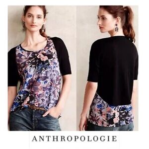 Anthropologie Yellow Bird Knit Top with Floral Accent